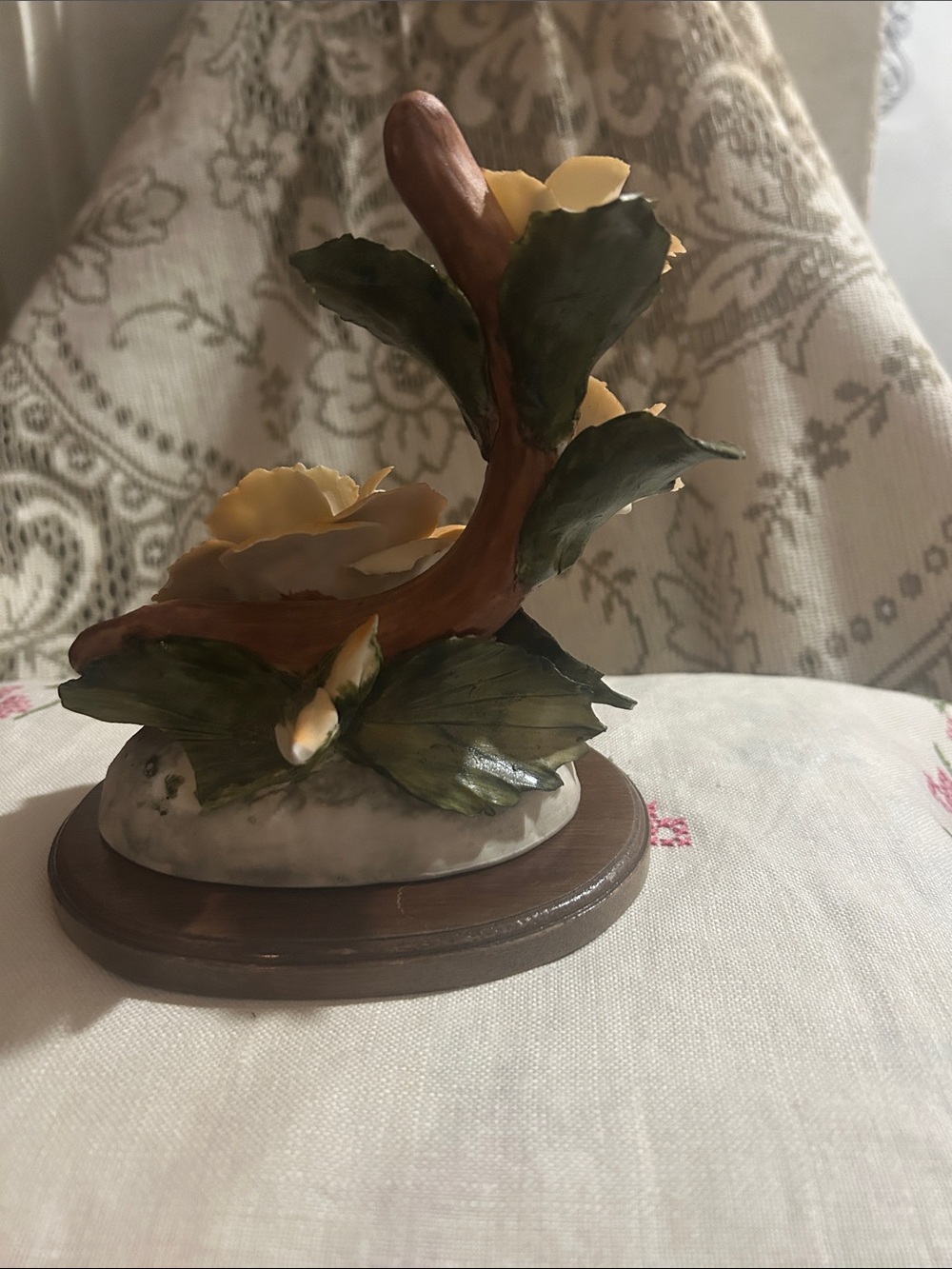 Yellow Floral Ceramic Sculpture on Wood Base